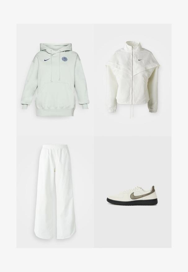 Balta garās piedurknes ar rāvējslēdzēju jaka ar augstu apkakli, apmetņa līdzīga detaļa uz pleciem, elastīgas aproces un mazs melns Nike logotips uz krūtīm.; Gaiši zaļa kapuce ar lielu priekšējo kabatu, aukliņu un ribotām piedurknēm. Uz tērpa ir zilā Nike logotips un apaļa zilā emblēma uz krūtīm.; Baltas, platais sporta bikses ar ribotu jostasvītru un smalku logotipa detaļu. Gluda auduma ar brīvu piegriezumu un sašaurinātu apakšdaļu.; Nike Sportswear FIELD GENERAL - Treniņu apavi - off-white/black