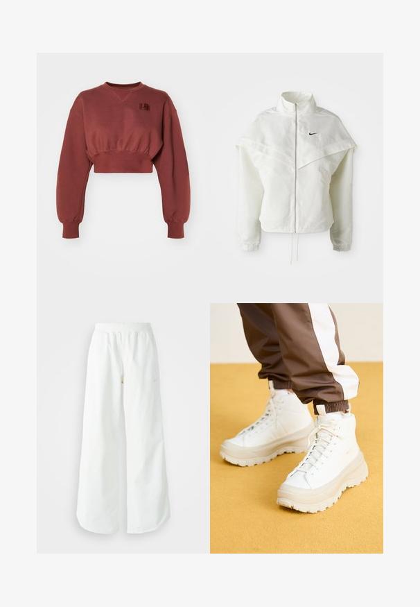 Jachetă albă cu mâneci lungi, cu fermoar, guler înalt, detalii asemănătoare unei capele pe umeri, manșete elastice și un mic logo Nike negru pe piept.; Hanorac scurt roșu din amestec de bumbac, cu mâneci lungi, umeri lăsați și o mică patch cu logo pe piept. Finisaj texturat.; Pantaloni atletici largi, alba, cu un talie elastica texturata si detalii subtile cu logo. Material neted, cu o croiala lejera si tiv conformat.; Tenisi albi înălțați cu o talpă groasă și texturată, având un superior neted, vârf rotund și șireturi tonale, plasati pe un fundal galben.