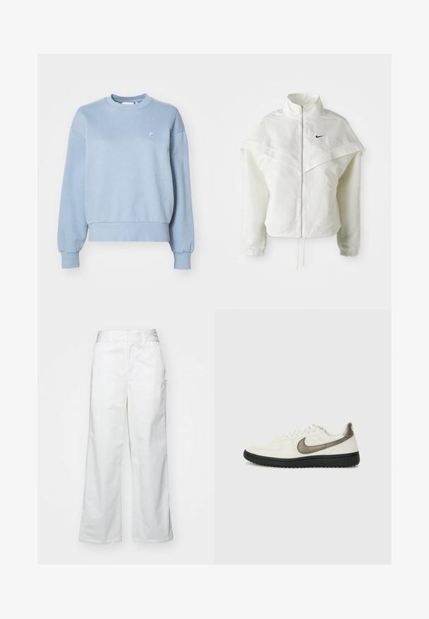 Biała, długozapinana kurtka na zamek z wysokim kołnierzem, z pelerynowym detalem na ramionach, elastycznymi mankietami i małym czarnym logo Nike na piersi.; Carhartt WIP CASEY jasnoniebieski; Białe spodnie o szerokich nogawkach wykonane z bawełny, charakteryzujące się gładką fakturą, prostym krojem, przednimi kieszeniami i czystym wykończeniem.; Nike Sportswear - Sneakersy niskie