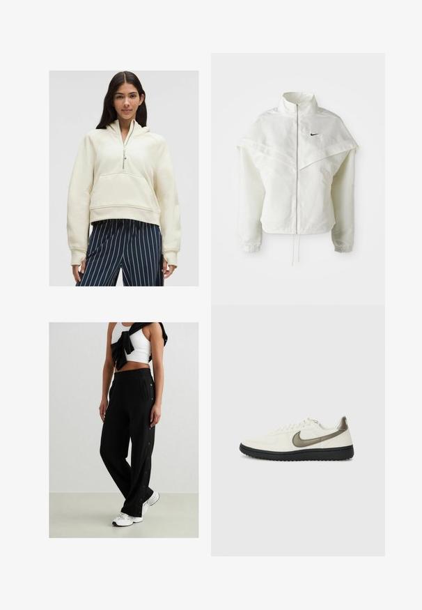 Fehér, hosszú ujjú, zipzáras dzseki magas gallérral, a vállakon lebegő, köpenyszerű résszel, rugalmas mandzsettákkal és kis fekete Nike logóval a mellkason.; Krém színű cipzáras kapucnis pulóver kenguru zsebbel, bordázott mandzsettákkal és laza szabással, tengerészkék és fehér csíkos nadrággal párosítva.; Fekete jogging nadrág oldalsó gombokkal, rugalmas derékkal és két oldalsó zsebbel. Az anyag lágy, sima tapintású.; Nike Sportswear FIELD GENERAL - Sportcipő - off-white/black