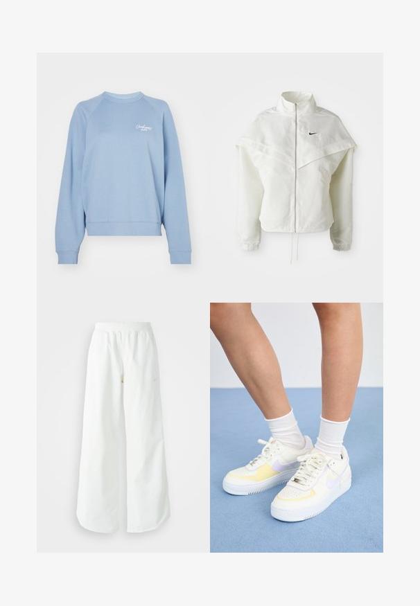 Balta garās piedurknes ar rāvējslēdzēju jaka ar augstu apkakli, apmetņa līdzīga detaļa uz pleciem, elastīgas aproces un mazs melns Nike logotips uz krūtīm.; Carhartt WIP SIGNATURE - Ikdienas džemperis - dusty ice/white; Baltas, platais sporta bikses ar ribotu jostasvītru un smalku logotipa detaļu. Gluda auduma ar brīvu piegriezumu un sašaurinātu apakšdaļu.; Balti ādas sporta apavi ar dzelteniem un lavandas akcentiem, apaļa purngala forma, plakani šņores un teksturēta gumijas zole. Valkāti ar baltām zeķēm.