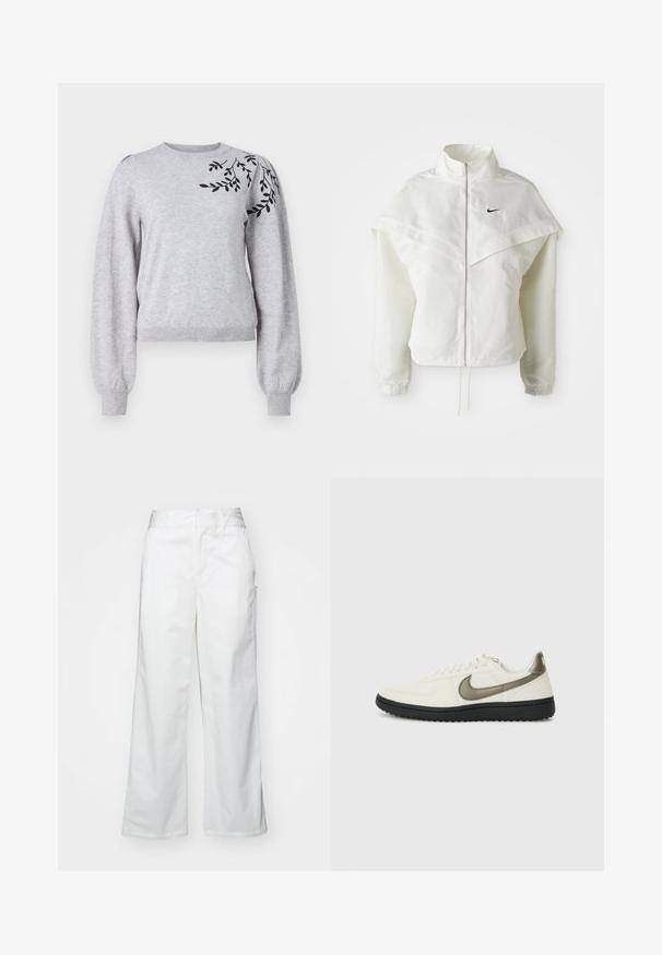 Weiße langärmlige Zip-Jacke mit hohem Kragen, cape-artigem Detail über den Schultern, elastischen Bündchen und kleinem schwarzen Nike-Logo auf der Brust.; Object OBJTHESS EMBROIDERY PULLOVER - Strickpullover - light grey melange; Weiße, weit geschnittene Hosen aus Baumwolle mit glatter Textur, geradem Schnitt, seitlichen Taschen und einem sauberen Saum.; Nike Sportswear FIELD GENERAL - Sneaker low - off-white/black