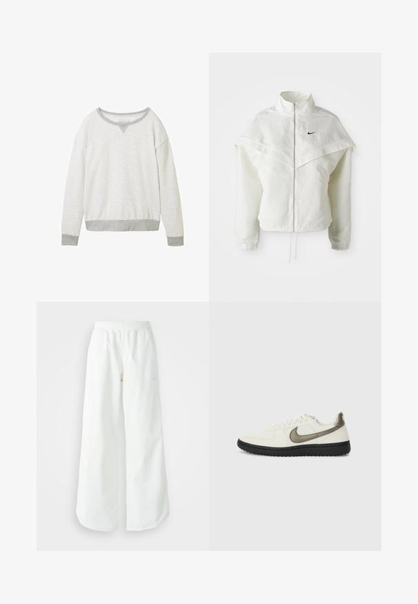Bjela jakna dugih rukava s patentnim zatvaračem i visokim ovratnikom, s kapastim detaljima preko ramena, elastičnim manžetama i malim crnim Nike logom na prsima.; Svijetlosiva dukserica s okruglim izrezom, kontrastnim sivim manžetama i suptilnim v-oblikovanim detaljem na ovratniku. Mekana tekstura.; Bijele široke sportske hlače s rebrastim pojasom i suptilnim logotipom. Glatka tkanina s opuštenim krojem i suženim rubom.; Nike Sportswear FIELD GENERAL - Tenisice - off-white/black