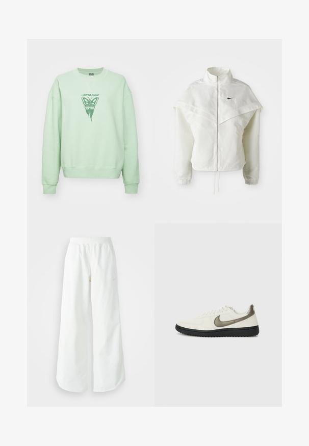 Jachetă albă cu mâneci lungi, cu fermoar, guler înalt, detalii asemănătoare unei capele pe umeri, manșete elastice și un mic logo Nike negru pe piept.; Sweatshirt verde mentă cu guler rotund și mâneci lungi. Prezintă un grafic cu fluture și textul "Santa Cruz" imprimat în verde pe față.; Pantaloni atletici largi, alba, cu un talie elastica texturata si detalii subtile cu logo. Material neted, cu o croiala lejera si tiv conformat.; Nike Sportswear FIELD GENERAL - Sneakers low - off-white/black