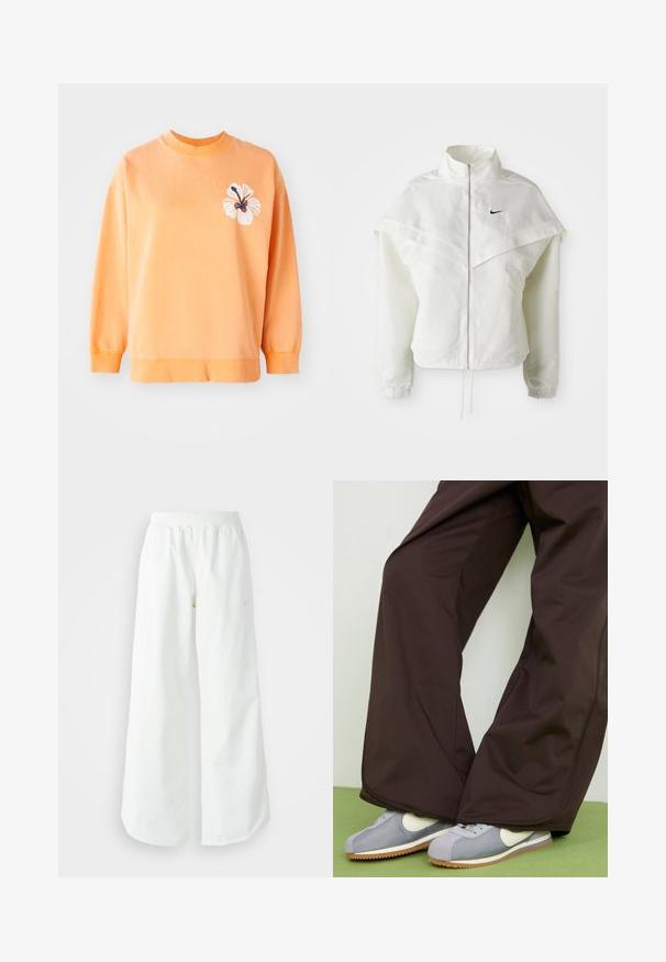 Veste zippée à manches longues blanche avec col haut, détail de type cape sur les épaules, poignets élastiques et petit logo Nike noir sur la poitrine.; Sweatshirt en coton doux orange clair avec un col rond et des poignets côtelés. Présente un motif floral blanc sur le côté gauche.; Pantalons de sport larges blancs avec une taille côtelée et un discret logo. Tissu lisse avec une coupe décontractée et un bas effilé.; Pantalons larges marron avec une texture lisse et des détails sur les coutures latérales, accompagnés de baskets rétro grises et blanches avec une semelle en caoutchouc.