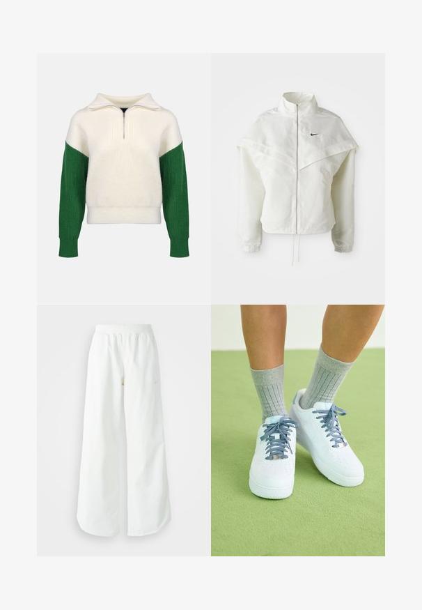 Valge pikkade varrukatega tõmblukuga jakk kõrge kraega, kätetooted, mis meenutavad katet õlgadel, elastsete mansettidega ja väikese musta Nike logoga rinnal.; Kootud sviiter neljanda tõmbluku kraega. Kreemivärvi keha ja rohelised soonikkoes varrukad. Pehme tekstuur, mugav lõige, kontrastsed värviplokid.; Valged laiad spordipüksid, ribadega vöökoht ja diskreetne logosümbol. Sile kangas, lõdvestatud istuvus ja kitsenev ääreosa.; Valged nahast tennisetooted siniste aktsentide ja augustatud varba disainiga, tekstuuriga sinivalged paelad, kantud hallide ribakudumitega sokkidega.