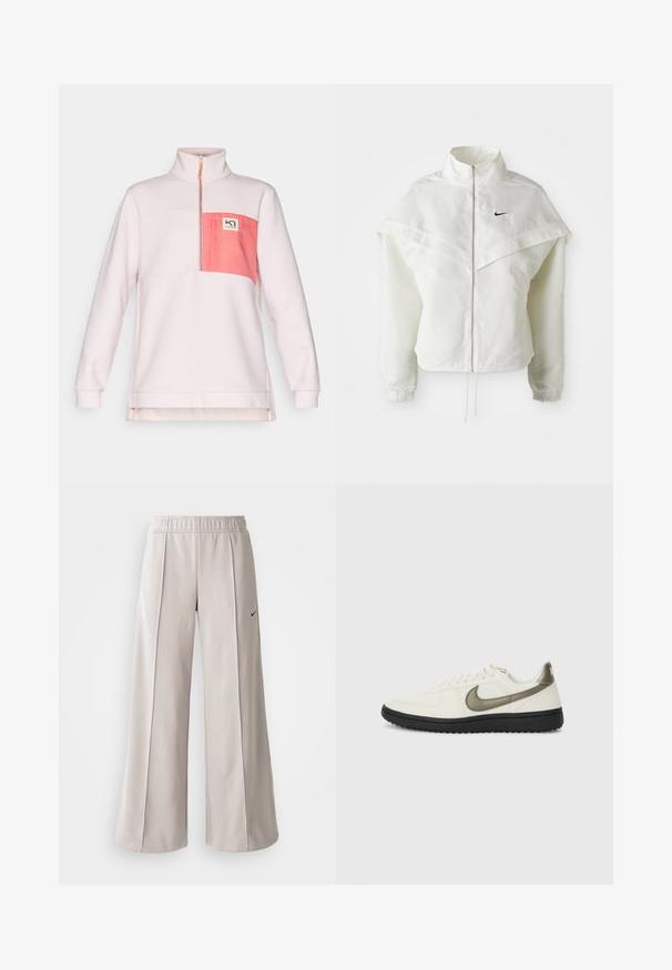 Weiße langärmlige Zip-Jacke mit hohem Kragen, cape-artigem Detail über den Schultern, elastischen Bündchen und kleinem schwarzen Nike-Logo auf der Brust.; Heller rosa Pullover mit hohem Kragen, ausgestattet mit einer rechteckigen Tasche in dunklerem Rosa und einem Logopatch. Weicher Stoff und lockere Passform.; Helle graue, weit geschnittene Hose aus glattem Stoff. Mit einem elastischen Bund und dem schwarzen Nike-Logo auf der linken Seite.; Nike Sportswear FIELD GENERAL - Sneaker low - off-white/black