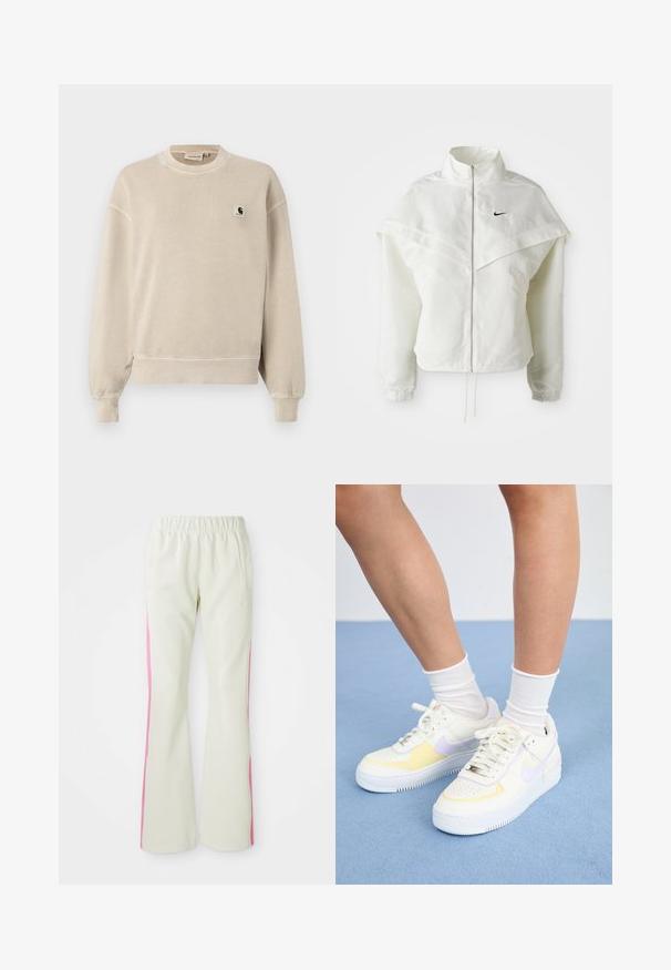 Witte lange mouwen zip-up jas met hoge kraag, cape-achtige details over de schouders, elastische manchetten en een klein zwart Nike-logo op de borst.; Beige sweatshirt met een ronde hals, lange mouwen, ribgebreide manchetten en onderrand. Bevat een klein logopatch op de linkerkant van de borst. Zacht, gestructureerd materiaal.; Lichtbeige broek met een elastische tailleband, voorzien van roze zijpanelen en zijzakken. Gladde textuur met een recht gesneden pasvorm.; Witte leren sneakers met gele en lavendelkleurige accenten, ronde neus, platte veters en een textuurrubber zool. Gdraag met witte sokken.