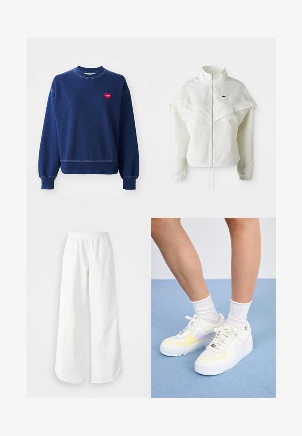 Jaqueta branca de mangas longas com fecho éclair e gola alta, detalhe tipo capa nos ombros, punhos elásticos e pequeno logótipo preto da Nike no peito.; Sweatshirt azul-marinho feito de algodão macio, apresentando um pescoço redondo, punhos canelados e um pequeno logótipo de coração vermelho no lado esquerdo do peito.; Calças atléticas largas brancas com uma cintura canelada e um discreto detalhe de logótipo. Tecido suave com um corte relaxado e terminações ajustadas.; Sneakers de couro branco com detalhes em amarelo e lavanda, bico arredondado, cadarços planos e sola de borracha texturizada. Usados com meias brancas.