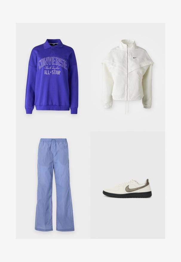 Λευκό ζακέτα με μακριά μανίκια και κλείσιμο με φερμουάρ, υψηλό γιακά, λεπτομέρεια που μοιάζει με κάπα στους ώμους, ελαστικούς μανσέτες και μικρό μαύρο λογότυπο Nike στο στήθος.; Μωβ φούτερ με γιακά, μακριά μανίκια και ριμπ μανσέτες. Διαθέτει ανάγλυφο κείμενο "CONVERSE Chuck Taylor ALL STAR" μπροστά.; Μπλε ελαφριά παντελόνια με ελαστική μέση, διαθέτοντας άνετη εφαρμογή και πλαϊνές ραφές. Φτιαγμένα από λείο, ανθεκτικό υλικό.; Nike Sportswear FIELD GENERAL - Αθλητικά παπούτσια - off-white/black