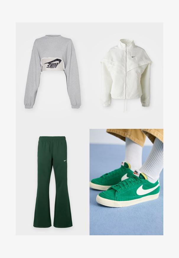 White long-sleeve zip-up jacket with high collar, cape-like detail across shoulders, elastic cuffs, and small black Nike logo on chest.; Nike Sportswear DANCE SHRUG - Sweatshirt - dark grey heather/sail; Dark green Nike track pants with elastic waistband, side pockets, flared legs, and white Nike swoosh logo on the left thigh.; Green suede sneakers with white Nike swoosh, rubber sole, and padded collar. Textured upper with flat laces and vibrant color accents.