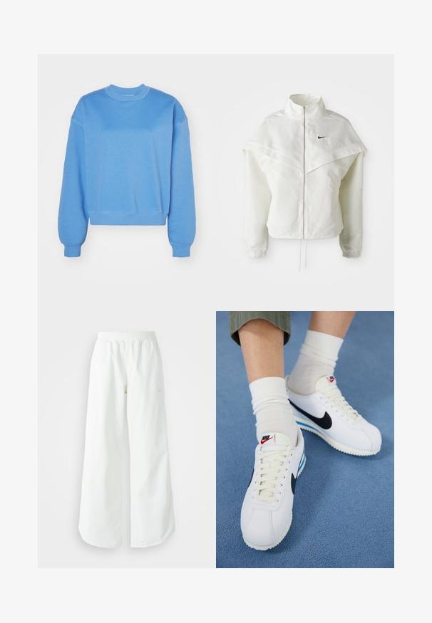 Chaqueta blanca de manga larga con cremallera y cuello alto, detalle tipo capa en los hombros, puños elásticos y pequeño logo negro de Nike en el pecho.; Weekday ESSENCE STANDARD - Sudadera - blue medium; Pantalones deportivos blancos de pierna ancha con una cinturilla acanalada y un sutil detalle de logo. Tela suave con un ajuste relajado y dobladillo ajustado.; Zapatillas Nike blancas con swoosh negro, cordones delanteros y suelas blancas con acentos azules. Llevadas con calcetines blancos de caña corta sobre pantalones verdes.