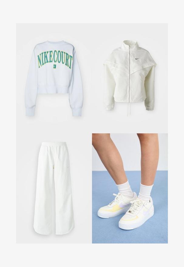 Bjela jakna dugih rukava s patentnim zatvaračem i visokim ovratnikom, s kapastim detaljima preko ramena, elastičnim manžetama i malim crnim Nike logom na prsima.; Nike Performance NIKECOURT CREW HERITAGE - Sportska majica - football grey/mineral teal; Bijele široke sportske hlače s rebrastim pojasom i suptilnim logotipom. Glatka tkanina s opuštenim krojem i suženim rubom.; Bijele kožne tenisice s žutim i lavandinim naglascima, okrugli vrh, ravne vezice i teksturirana gumena potplat. Nosene s bijelim čarapama.