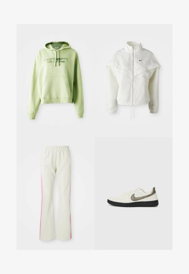 Valkoinen pitkähihainen vetoketjullinen takki korkealla kauluksella, viittamainen yksityiskohta olkapäillä, joustavat hihansuut ja pieni musta Nike-logo rinnassa.; Vaaleanvihreä huppari, joka on valmistettu puuvillasekoitteesta. Siinä on kengurutasku, nyörillä säädettävä huppu ja brodeerattu logo-teksti "Carhartt Work in Progress."; Vaaleanbeige housut, joissa on joustava vyötärö, pinkit sivupaneelit ja sivutaskut. Silkkinen tekstuuri suoran lahkeen muotoilulla.; Nike Sportswear FIELD GENERAL - Matalavartiset tennarit - off-white/black