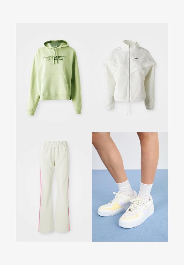White long-sleeve zip-up jacket with high collar, cape-like detail across shoulders, elastic cuffs, and small black Nike logo on chest.; Light green hoodie made from cotton blend. Features a kangaroo pocket, drawstring hood, and embroidered logo text "Carhartt Work in Progress."; Light beige pants with an elastic waistband, featuring pink side panels and side pockets. Smooth texture with a straight-leg design.; White leather sneakers with yellow and lavender accents, round toe, flat laces, and textured rubber sole. Worn with white socks.