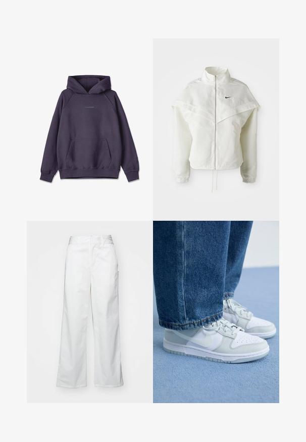 Jaqueta branca de mangas longas com fecho éclair e gola alta, detalhe tipo capa nos ombros, punhos elásticos e pequeno logótipo preto da Nike no peito.; Pegador CLARITA - Camisola - washed indigo blue gum; Calças largas brancas feitas de algodão, com uma textura suave, corte reto, bolsos frontais e bainha limpa.; Ténis Nike em couro branco e cinza claro com biqueira perfurada, atacadores planos e sola de borracha, combinados com calças de ganga azuis.