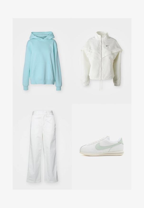 Giacca bianca a maniche lunghe con zip e colletto alto, dettaglio a mantella sulle spalle, polsini elasticizzati e piccolo logo Nike nero sul petto.; Jordan Felpa - light dew/(white); Pantaloni bianchi a gamba larga realizzati in cotone, con una texture liscia, vestibilità dritta, tasche frontali e orlo pulito.; Scarpe in pelle bianche con accenti verde chiaro. Punta arrotondata, design con lacci e suola testurizzata con un motivo a zigzag. Stile minimalista.