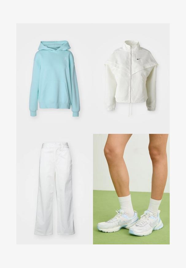 Biała, długozapinana kurtka na zamek z wysokim kołnierzem, z pelerynowym detalem na ramionach, elastycznymi mankietami i małym czarnym logo Nike na piersi.; Jordan - Bluza z kapturem; Białe spodnie o szerokich nogawkach wykonane z bawełny, charakteryzujące się gładką fakturą, prostym krojem, przednimi kieszeniami i czystym wykończeniem.; Białe i jasnoniebieskie buty sportowe z siateczkowymi i syntetycznymi materiałami, z teksturowanymi akcentami, zaokrąglonym kształtem i amortyzowaną podeszwą.