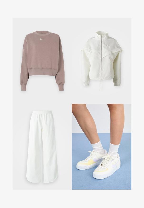 Jaqueta branca de mangas longas com fecho éclair e gola alta, detalhe tipo capa nos ombros, punhos elásticos e pequeno logótipo preto da Nike no peito.; Sweatshirt cropped castanho claro feito de tecido macio, com mangas compridas e um pequeno logo branco da Nike no peito. Punhos e bainha canelados.; Calças atléticas largas brancas com uma cintura canelada e um discreto detalhe de logótipo. Tecido suave com um corte relaxado e terminações ajustadas.; Sneakers de couro branco com detalhes em amarelo e lavanda, bico arredondado, cadarços planos e sola de borracha texturizada. Usados com meias brancas.