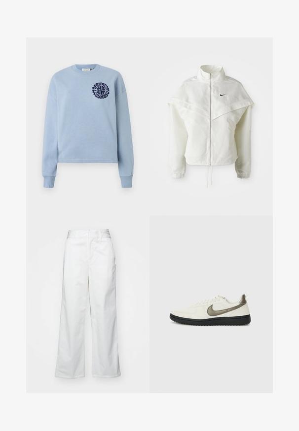 Hvid langærmet zip-up jakke med høj krave, kappe-lignende detaljer over skuldrene, elastiske manchetter og lille sort Nike-logo på brystet.; Lysblå bomuldstrøje med lange ærmer og rund hals. Har et navy cirkulært grafisk design på venstre bryst. Blød tekstur.; Hvide brede bukser lavet af bomuld, med en glat overflade, lige pasform, forlommer og en ren kant.; Nike Sportswear FIELD GENERAL - Sneakers - off-white/black
