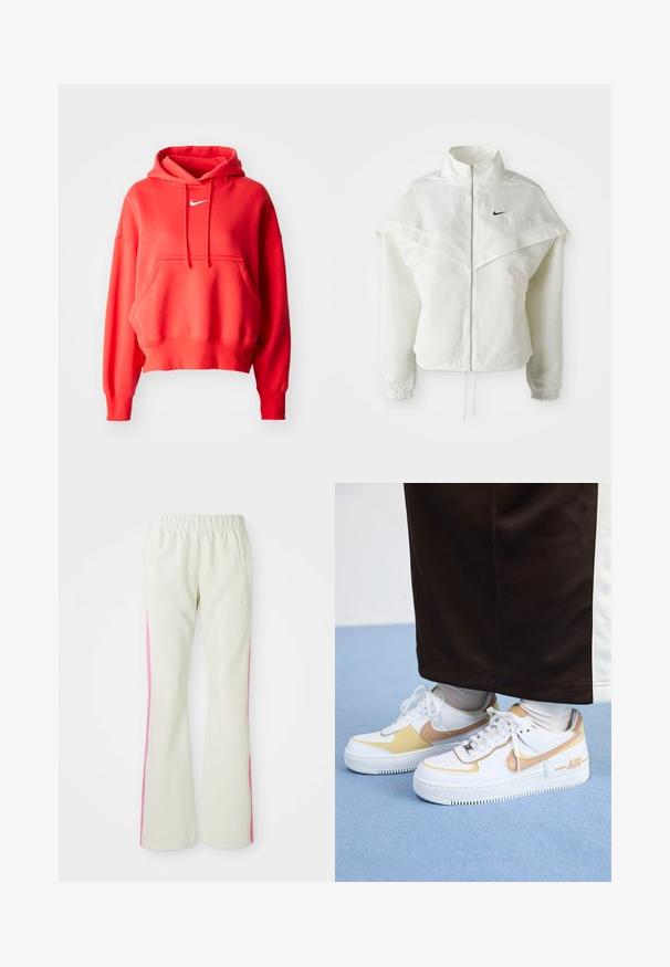 Jaqueta branca de mangas longas com fecho éclair e gola alta, detalhe tipo capa nos ombros, punhos elásticos e pequeno logótipo preto da Nike no peito.; Sweatshirt de algodão vermelho com um bolso canguru, design de pullover e capuz com cordão. Apresenta um logo branco da Nike no peito.; Calças bege claras com uma cintura elástica, apresentando painéis laterais cor-de-rosa e bolsos laterais. Textura suave com um design de perna reta.; Ténis brancos em pele com detalhes dourados, apresentando uma biqueira perfurada, atacadores planos e uma sola de borracha espessa com o logótipo "AIR" na lateral.
