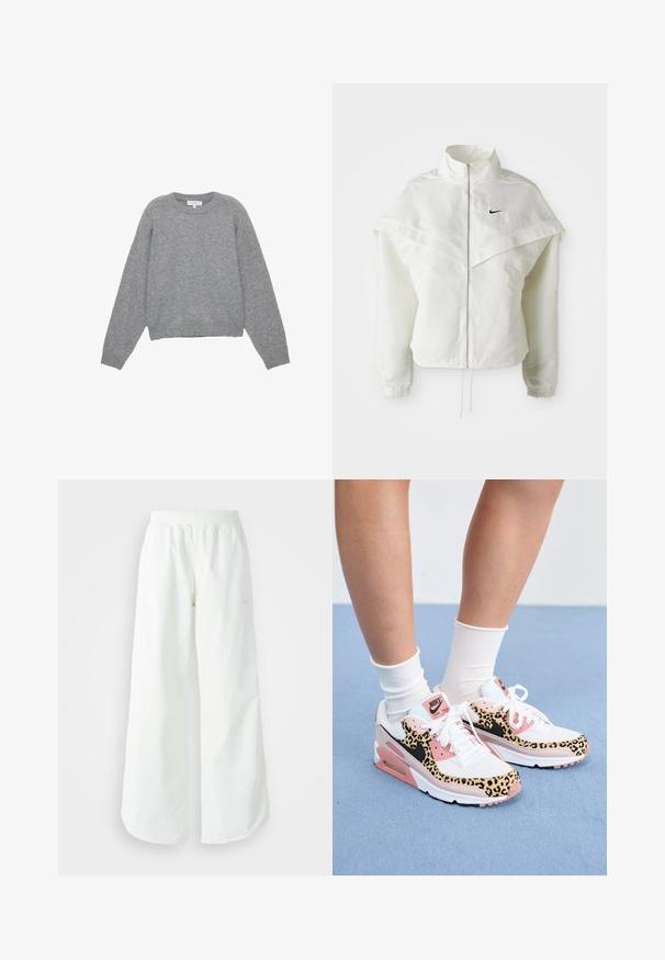 Bela jakna z dolgimi rokavi in zadrgo, visokim ovratnikom, plaščastim detajlom čez ramena, elastičnimi manšetami in majhnim črnim logotipom Nike na prsih.; Siv svetrov z dolgimi rokavi, ribanimi manšetami in robom. Okrogla odprtina za vrat z udobnim krojem in mehkimi vlakni. Brez vidnih vzorcev ali dodatkov.; Bela športna hlače širokega kroja z rebrastim pasom in diskretno logotipno podrobnostjo. Gladek material z sproščenim krojem in zoženim robom.; Nike Air Max teniske imajo belo in roza barvno kombinacijo z leopardjimi motivi, mrežastimi in usnjenimi materiali ter značilno gumijasto podplato.