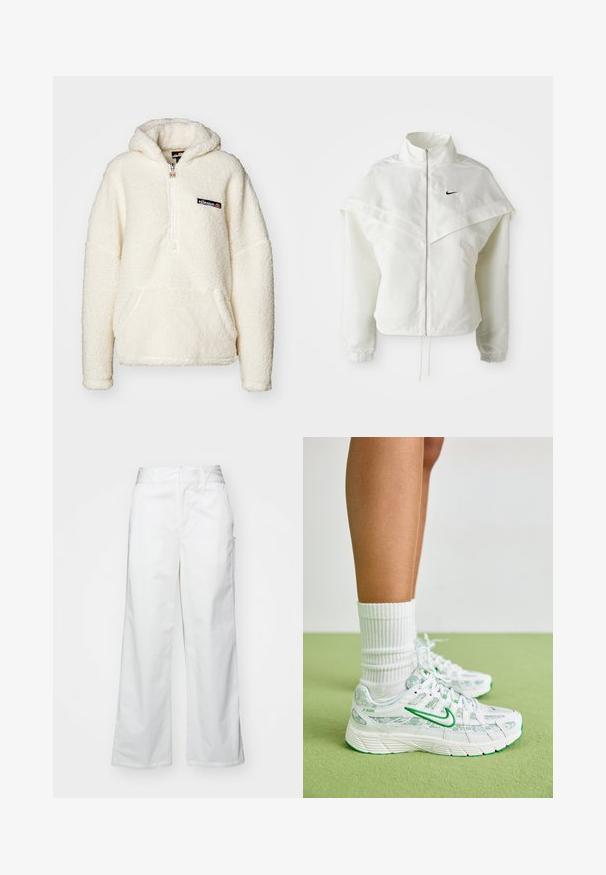Giacca bianca a maniche lunghe con zip e colletto alto, dettaglio a mantella sulle spalle, polsini elasticizzati e piccolo logo Nike nero sul petto.; Ellesse ZEPPY - Felpa con cappuccio - off white; Pantaloni bianchi a gamba larga realizzati in cotone, con una texture liscia, vestibilità dritta, tasche frontali e orlo pulito.; Sneakers Nike P-6000 bianchi con accenti verdi, caratterizzati da un design testurizzato, tomaia in mesh e sovrapposizioni a fantasia. Indossati con calzini bianchi a coste.