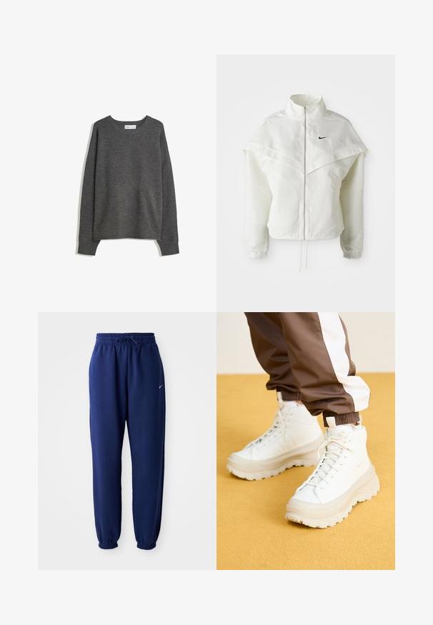 Fehér, hosszú ujjú, zipzáras dzseki magas gallérral, a vállakon lebegő, köpenyszerű résszel, rugalmas mandzsettákkal és kis fekete Nike logóval a mellkason.; Szürke kötött pulóver széles nyakkivágással, hosszú ujjal és bordázott mandzsettákkal. Az anyag puha, enyhe textúrával rendelkezik és laza szabású.; Navy kék sportnadrág puha anyagból, elasztikus derékpánttal és zsinórral, elasztikus mandzsettákkal és egy kis fehér logóval.; Fehér, magasszárú sportcipők, vastag, texturált talppal, sima bőr felsőrésszel, kerek orral és azonos színű fűzőkkel, sárga háttér előtt.