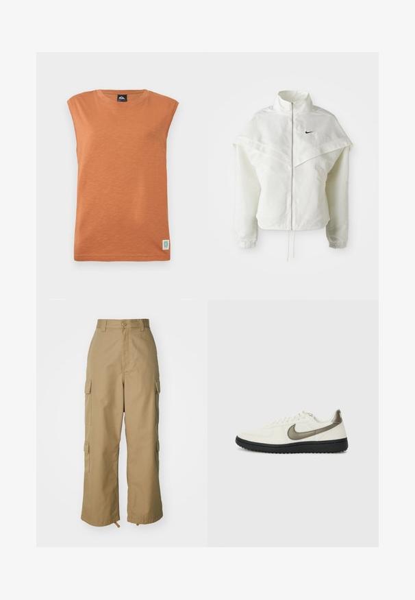 Giacca bianca a maniche lunghe con zip e colletto alto, dettaglio a mantella sulle spalle, polsini elasticizzati e piccolo logo Nike nero sul petto.; Maglietta senza maniche arancione in un morbido tessuto testurizzato. Collo rotondo con una piccola etichetta del logo nell'angolo in basso a sinistra.; Pantaloni cargo beige con vita alta, gamba ampia e quattro grandi tasche laterali. Realizzati in un tessuto resistente con una texture liscia e dettagli minimi.; Nike Sportswear FIELD GENERAL - Sneakers basse - off-white/black
