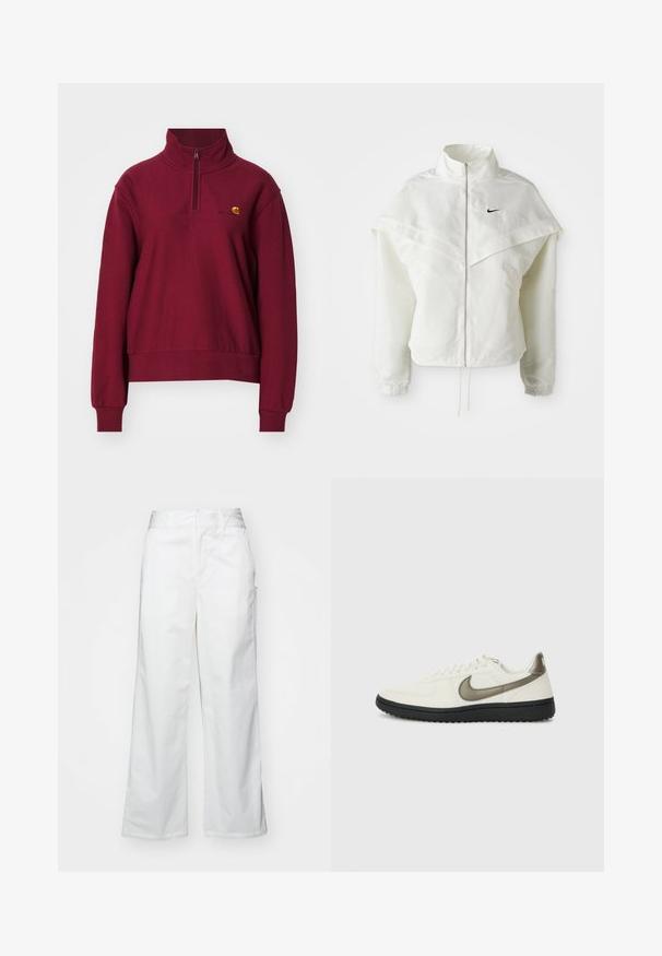Bílá dlouhá zipová bunda s vysokým límcem, pláštěnkovým detailem přes ramena, elastickými manžetami a malým černým logem Nike na hrudi.; Carhartt WIP AMERICAN HIGH NECK - Mikina - malbec; Bílé kalhoty s širokými nohavicemi vyrobené z bavlny, s hladkou texturou, rovný střih, přední kapsy a čistý lem.; Nike Sportswear FIELD GENERAL - Tenisky - off-white/black