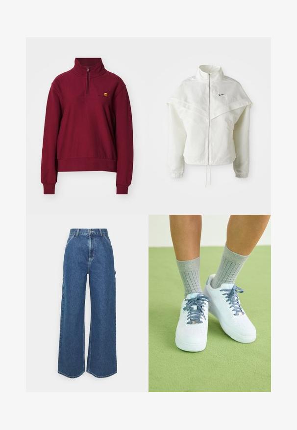 Valge pikkade varrukatega tõmblukuga jakk kõrge kraega, kätetooted, mis meenutavad katet õlgadel, elastsete mansettidega ja väikese musta Nike logoga rinnal.; Carhartt WIP AMERICAN HIGH NECK - Pusa - malbec; Laiene jalad sinised denim püksid kõrge vöökohaga, kontrastsete õmblustega ja küljetaskutega, klassikalise viie taskuga disainiga ja toore servaga.; Valged nahast tennisetooted siniste aktsentide ja augustatud varba disainiga, tekstuuriga sinivalged paelad, kantud hallide ribakudumitega sokkidega.