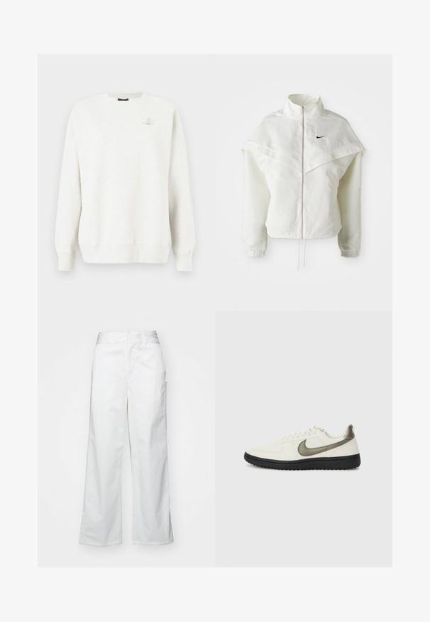 Jaqueta branca de mangas longas com fecho éclair e gola alta, detalhe tipo capa nos ombros, punhos elásticos e pequeno logótipo preto da Nike no peito.; Sweatshirt cinza claro com gola redonda, punhos e barra canelados. Apresenta um pequeno emblema no peito. Tecido macio e texturizado.; Calças largas brancas feitas de algodão, com uma textura suave, corte reto, bolsos frontais e bainha limpa.; Nike Sportswear FIELD GENERAL - Sapatilhas - off-white/black