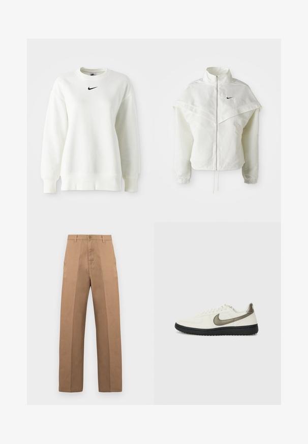 Chaqueta blanca de manga larga con cremallera y cuello alto, detalle tipo capa en los hombros, puños elásticos y pequeño logo negro de Nike en el pecho.; Sudadera blanca de cuello redondo hecha de algodón suave, con hombros caídos y un logo negro de Nike centrado en el pecho. Puños y dobladillo acanalados.; Pantalones de algodón marrones con diseño de pierna recta, con cierre de botón, trabillas para cinturón y costuras mínimas para una apariencia limpia.; Nike Sportswear FIELD GENERAL - Zapatillas - off-white/black