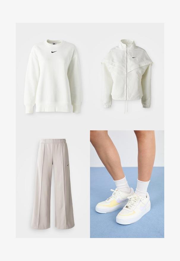 Biela bunda s dlhým rukávom na zips a vysokým golierom, s plášťovým detailom cez plecia, elastickými manžetami a malým čiernym logom Nike na hrudi.; Biely crewneck sveter vyrobený z jemnej bavlny s padnutými plecami a čiernym logom Nike umiestneným na strede hrude. Žebrované manžety a lem.; Svetlo šedé nohavice s širokým strihom vyrobené z hladkej tkaniny. Obsahujú elastický pás a čierne logo Nike na ľavej strane.; Biele kožené tenisky s žltými a levanduľovými akcentmi, okrúhle špičky, ploché šnúrky a textúrovaná gumová podrážka. Nosené s bielymi ponožkami.