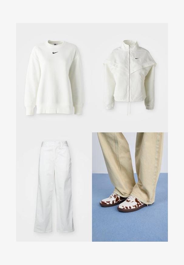 Jaqueta branca de mangas longas com fecho éclair e gola alta, detalhe tipo capa nos ombros, punhos elásticos e pequeno logótipo preto da Nike no peito.; Sweatshirt branco de gola redonda feito de algodão macio, com ombros caídos e um logo preto da Nike centrado no peito. Punhos e bainha canelados.; Calças largas brancas feitas de algodão, com uma textura suave, corte reto, bolsos frontais e bainha limpa.; Ténis com padrão branco e castanho, feitos de malha e couro, com solas de borracha castanha. Combinados com calças largas em bege claro.