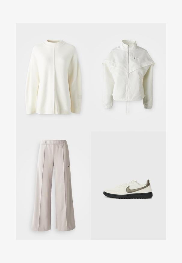 Jaqueta branca de mangas longas com fecho éclair e gola alta, detalhe tipo capa nos ombros, punhos elásticos e pequeno logótipo preto da Nike no peito.; Sweater de lã branca com um pescoço alto canelado, mangas longas e uma costura central. Apresenta punhos canelados e um pequeno patch de logotipo na manga.; Calças largas de tom cinza claro feitas de tecido suave. Apresentam uma cintura elástica e o logo da Nike em preto no lado esquerdo.; Nike Sportswear FIELD GENERAL - Sapatilhas - off-white/black