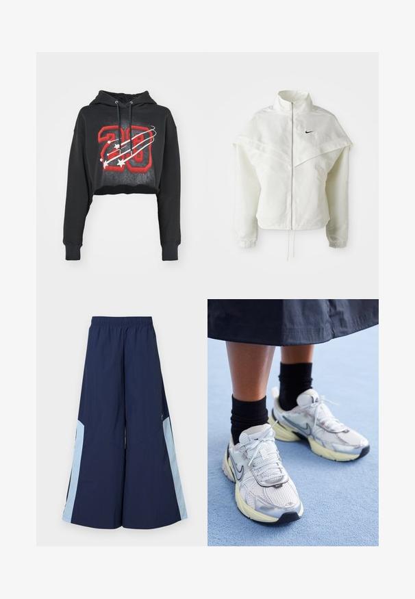 Biela bunda s dlhým rukávom na zips a vysokým golierom, s plášťovým detailom cez plecia, elastickými manžetami a malým čiernym logom Nike na hrudi.; Čierna skrátená mikina z bavlneného zmesi s červenou grafikou "28," bielymi hviezdami a dvoma šnúrkami na kapucni. Detail rebrovaných manžiet.; Námornícke široké nohavice s elastickým pásom, so svetlomodrými bočnými panelmi a hladkou textúrou. Navrhnuté pre pohodlie a ľahký pohyb.; Biele a strieborné Nike tenisky s mrežovou textíliou, reflexnými akcentmi a béžovou podrážkou. Nosené s čiernymi ponožkami, stojace na modrom povrchu.
