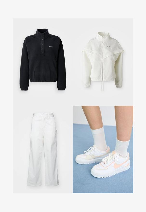 Giacca bianca a maniche lunghe con zip e colletto alto, dettaglio a mantella sulle spalle, polsini elasticizzati e piccolo logo Nike nero sul petto.; Pullover in pile nero con collare a bottoni a pressione e logo Columbia sul lato sinistro del petto, dotato di maniche lunghe e tessuto morbido e testurizzato.; Pantaloni bianchi a gamba larga realizzati in cotone, con una texture liscia, vestibilità dritta, tasche frontali e orlo pulito.; Sneakers bianche con accenti pesca, tomaia in pelle liscia, punta perforata, suola texturizzata e lacci. Indossati con calzini bianchi a sbalzo su una superficie blu.