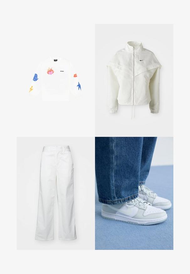 Biała, długozapinana kurtka na zamek z wysokim kołnierzem, z pelerynowym detalem na ramionach, elastycznymi mankietami i małym czarnym logo Nike na piersi.; Biała bluza z długim rękawem z kolorowymi nadrukami graficznymi: różowe serce z płomieniami, niebieskie i czerwone usta, niebieska gwiazda i żółte błyskawice.; Białe spodnie o szerokich nogawkach wykonane z bawełny, charakteryzujące się gładką fakturą, prostym krojem, przednimi kieszeniami i czystym wykończeniem.; Sneakers Nike w białej i jasnoszarej skórze, z perforowanym czubkiem, płaskimi sznurowadłami i gumową podeszwą, w zestawie z niebieskimi dżinsami.
