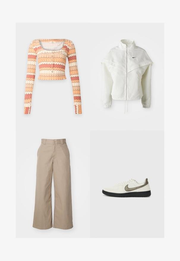 Bela jakna z dolgimi rokavi in zadrgo, visokim ovratnikom, plaščastim detajlom čez ramena, elastičnimi manšetami in majhnim črnim logotipom Nike na prsih.; Rip Curl COSY CARDIGAN - Jopica - multicoloured; Bež hlače širokih nogavic iz mešanice bombaža, z visokim pasom, strukturirano zasnovo in sprednjimi žepi.; Nike Sportswear FIELD GENERAL - Športni copati - off-white/black