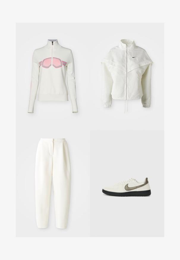 Witte lange mouwen zip-up jas met hoge kraag, cape-achtige details over de schouders, elastische manchetten en een klein zwart Nike-logo op de borst.; Bogner Fire + Ice AZRA3 - Trui - light chalk; Hoog-waisted witte tapered broek met een verborgen sluiting aan de voorkant en zijzakken, weergegeven tegen een effen witte achtergrond.; Nike Sportswear FIELD GENERAL - Sneakers laag - off-white/black