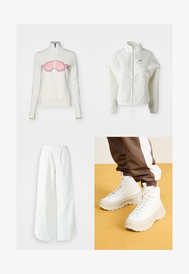 Giacca bianca a maniche lunghe con zip e colletto alto, dettaglio a mantella sulle spalle, polsini elasticizzati e piccolo logo Nike nero sul petto.; Bogner Fire + Ice AZRA3 - Maglione - light chalk; Pantaloni sportivi bianchi a gamba larga con vita a coste e delicato dettaglio del logo. Tessuto liscio con vestibilità rilassata e orlo affusolato.; Sneaker alte bianche con una suola spessa e testurizzata, dotate di una parte superiore liscia, punta rotonda e lacci tono su tono, su uno sfondo giallo.