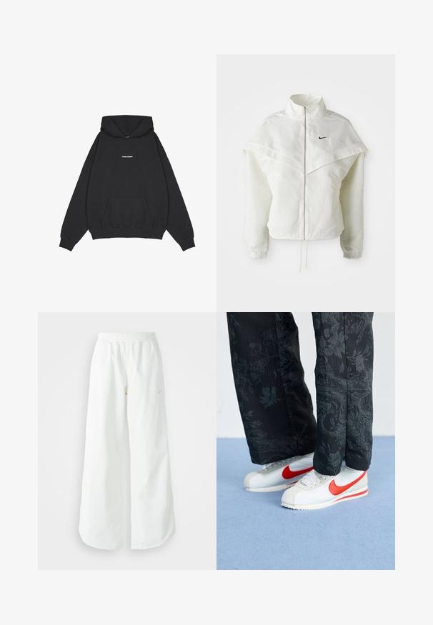 Balta garās piedurknes ar rāvējslēdzēju jaka ar augstu apkakli, apmetņa līdzīga detaļa uz pleciem, elastīgas aproces un mazs melns Nike logotips uz krūtīm.; Pegador CLARITA - Ikdienas džemperis - black/white; Baltas, platais sporta bikses ar ribotu jostasvītru un smalku logotipa detaļu. Gluda auduma ar brīvu piegriezumu un sašaurinātu apakšdaļu.; Baltas Nike sporta apavi ar sarkanām akcentiem, savienoti ar melniem biksēm, kurām ir ziedu raksts. Virsma ir gluda ar plakanu pinumu zoli.