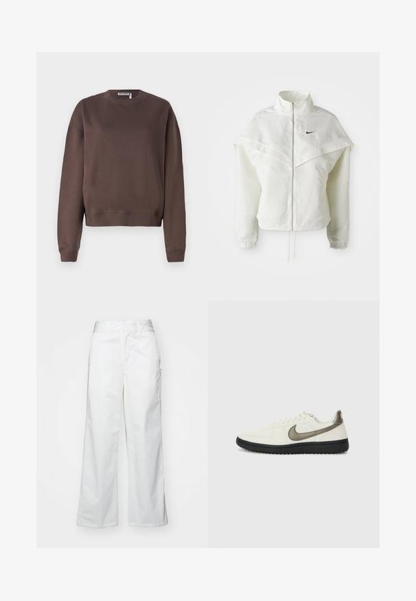 Bílá dlouhá zipová bunda s vysokým límcem, pláštěnkovým detailem přes ramena, elastickými manžetami a malým černým logem Nike na hrudi.; Hnědá bavlněná mikina s kulatým výstřihem, dlouhými rukávy a žebrovanými manžetami. Hladká textura a zkrácený design pro moderní střih.; Bílé kalhoty s širokými nohavicemi vyrobené z bavlny, s hladkou texturou, rovný střih, přední kapsy a čistý lem.; Nike Sportswear FIELD GENERAL - Tenisky - off-white/black