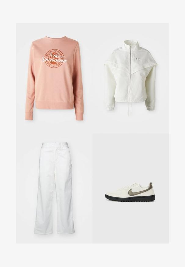 Jaqueta branca de mangas longas com fecho éclair e gola alta, detalhe tipo capa nos ombros, punhos elásticos e pequeno logótipo preto da Nike no peito.; Sweatshirt rosa claro feito de um tecido suave, apresentando um logotipo redondo com "Nike Sportwear" e elementos decorativos em rosa mais escuro.; Calças largas brancas feitas de algodão, com uma textura suave, corte reto, bolsos frontais e bainha limpa.; Nike Sportswear FIELD GENERAL - Sapatilhas - off-white/black