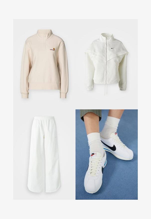 Giacca bianca a maniche lunghe con zip e colletto alto, dettaglio a mantella sulle spalle, polsini elasticizzati e piccolo logo Nike nero sul petto.; Carhartt WIP AMERICAN HIGH NECK - Felpa - moonbeam; Pantaloni sportivi bianchi a gamba larga con vita a coste e delicato dettaglio del logo. Tessuto liscio con vestibilità rilassata e orlo affusolato.; Sneakers Nike bianchi con swoosh nero, allacciatura frontale e suola bianca con accenti blu. Indossati con calze bianche a crew sopra pantaloni verdi.
