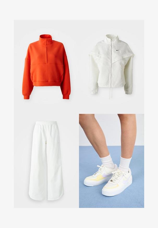 Valge pikkade varrukatega tõmblukuga jakk kõrge kraega, kätetooted, mis meenutavad katet õlgadel, elastsete mansettidega ja väikese musta Nike logoga rinnal.; Erkki heledat oranž cropped sweatshirt, millel on mock neck ja pool tõmblukk, laiad varrukad ja tekstureeritud kangas mugavuse tagamiseks.; Valged laiad spordipüksid, ribadega vöökoht ja diskreetne logosümbol. Sile kangas, lõdvestatud istuvus ja kitsenev ääreosa.; Valged nahast tossud kollaste ja lavendlitoonide aktsentidega, ümar varvas, tasased paelad ja tekstureeritud kummist tald. Kannab valgeid sokke.