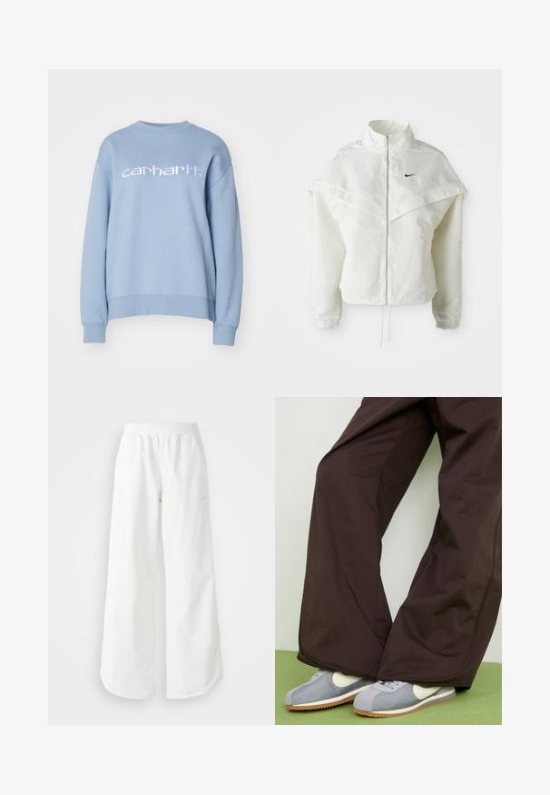 Chaqueta blanca de manga larga con cremallera y cuello alto, detalle tipo capa en los hombros, puños elásticos y pequeño logo negro de Nike en el pecho.; Carhartt WIP Sudadera - misty sky/white; Pantalones deportivos blancos de pierna ancha con una cinturilla acanalada y un sutil detalle de logo. Tela suave con un ajuste relajado y dobladillo ajustado.; Pantalones de pierna ancha marrones con textura suave y detalles en las costuras laterales, combinados con zapatillas de estilo retro en gris y blanco con suela de goma.