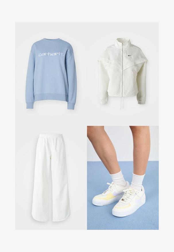 Valge pikkade varrukatega tõmblukuga jakk kõrge kraega, kätetooted, mis meenutavad katet õlgadel, elastsete mansettidega ja väikese musta Nike logoga rinnal.; Carhartt WIP Pusa - misty sky/white; Valged laiad spordipüksid, ribadega vöökoht ja diskreetne logosümbol. Sile kangas, lõdvestatud istuvus ja kitsenev ääreosa.; Valged nahast tossud kollaste ja lavendlitoonide aktsentidega, ümar varvas, tasased paelad ja tekstureeritud kummist tald. Kannab valgeid sokke.
