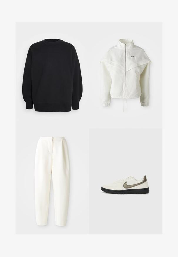 Chaqueta blanca de manga larga con cremallera y cuello alto, detalle tipo capa en los hombros, puños elásticos y pequeño logo negro de Nike en el pecho.; Sudadera negra hecha de tela suave, con un cuello redondo, hombros caídos y puños y dobladillo acanalados para un ajuste relajado.; Pantalones blancos de tiro alto y corte tapered con cierre frontal oculto y bolsillos laterales, exhibidos sobre un fondo blanco liso.; Nike Sportswear FIELD GENERAL - Zapatillas - off-white/black